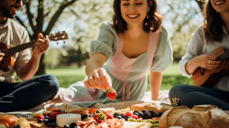 selective focus of happy friends having picnic in park on summer dayの素材