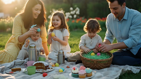Happy family having picnic in park. Mother, father and children are preparing for Easter.の素材