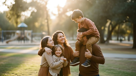 Happy family in the park. Mother, father and their children.の素材
