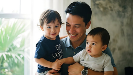Happy asian father and his two sons playing together at home.の素材
