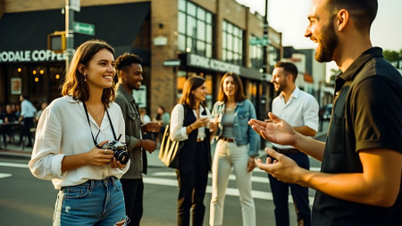 Young people walking in the street and talking to each other. Group of friends having fun together.の素材