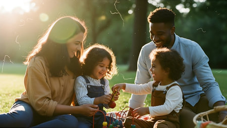 happy african american family playing with toys in park on sunny dayの素材