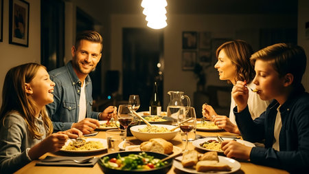 Happy family having dinner together at home. They are looking at each other and smiling.の素材