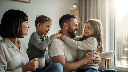 Happy family with two children at home. Mother, father and son spending time together.の素材