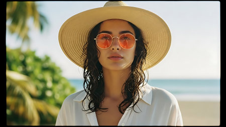 Portrait of beautiful young woman in hat and sunglasses on the beachの素材