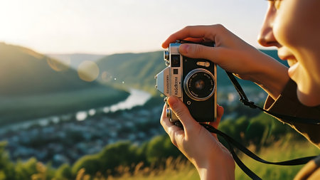 Young woman taking picture with vintage camera in the mountains at sunset.の素材