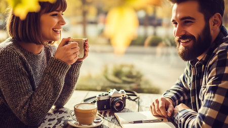 Beautiful young couple is drinking coffee and smiling while sitting in cafe outdoorsの素材