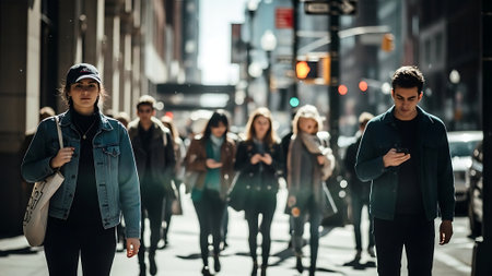 Group of young people walking in the city. Urban life concept.の素材