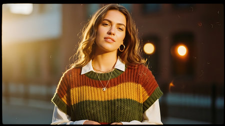Portrait of a beautiful young woman in the street at sunset.の素材