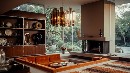 Interior design of modern living room with brown sofa and coffee tableの素材