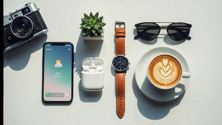 Top view of coffee cup, smart watch, mobile phone and sunglasses on white tableの素材