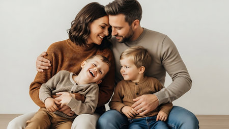 happy family hugging and smiling at camera while sitting on floor isolated on greyの素材