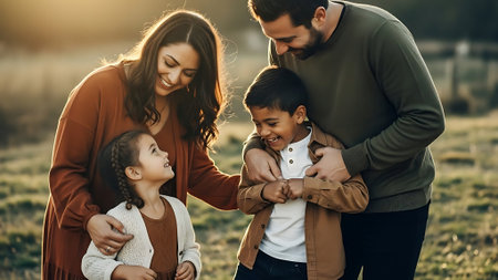 Happy family with two children walking in the park on a sunny day.の素材