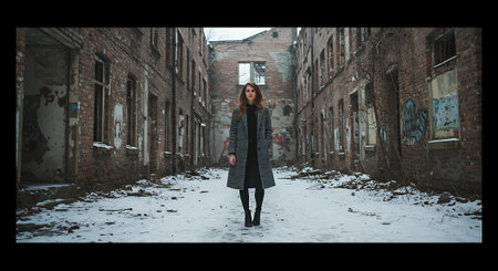 Young woman in a long coat walking in an abandoned building in winterの素材
