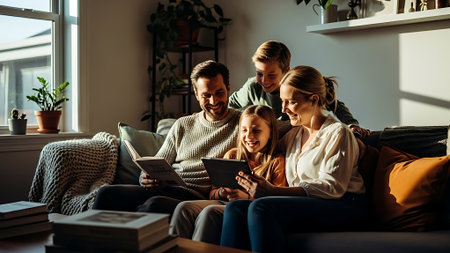 happy family with tablet pc sitting on couch at home in living roomの素材