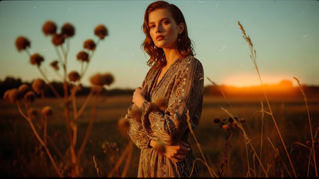 Portrait of a beautiful young woman in a field at sunset.の素材