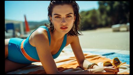 Portrait of a beautiful young woman in a blue swimsuit on the beach.の素材