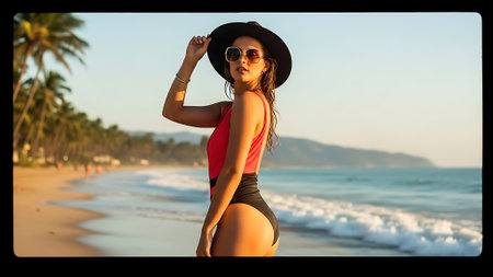 Beautiful woman in swimsuit and hat on the beach at sunsetの素材