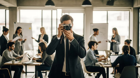 selective focus of businessman taking photo with camera while colleagues working in officeの素材