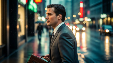 Portrait of a young handsome businessman with briefcase standing under rainの素材
