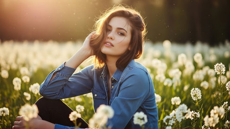 Woman standing in field surrounded by wildflowers expressing freedom and calmの素材