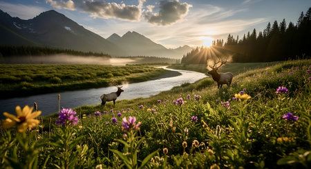 Scenic green valley landscape with a winding river under soft light.の素材