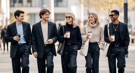Professional group walking confidently through a city street in business attire.の素材