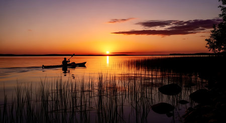 Warm sunset casting reflections across marshland and tall grasses.の素材