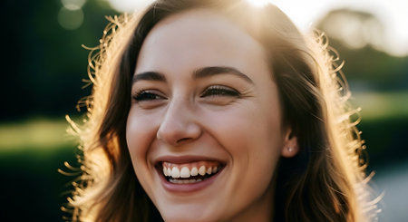 Close-up portrait of a smiling woman with natural light and soft background.の素材