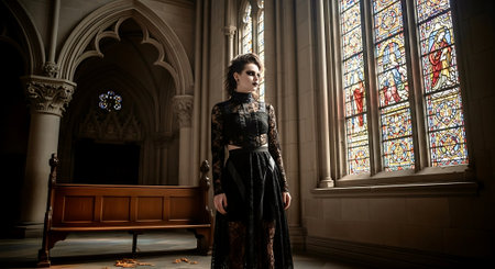 A dramatic fashion portrait of a woman in gothic attire posed within a historic interior, blending elegance and mystery.の素材