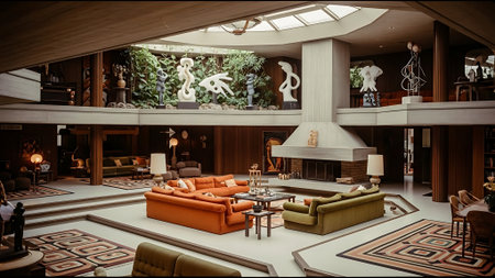 Spacious open plan living area with modern furniture and plantsの素材