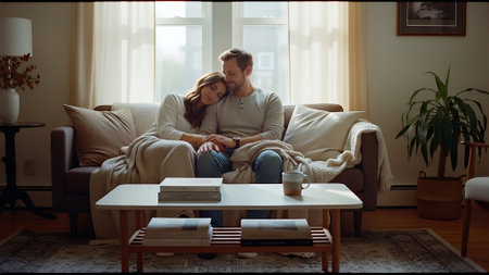 Couple sitting comfortably in living room enjoying time togetherの素材