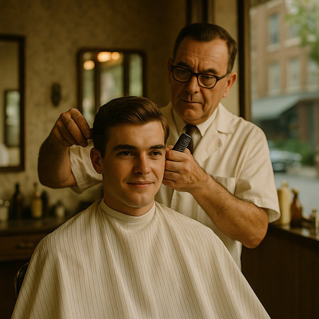 Handsome young man getting haircut by hairdresser at barbershop.の素材