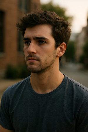 Handsome young man with short hair, wearing a gray t-shirt, standing in an urban contextの素材