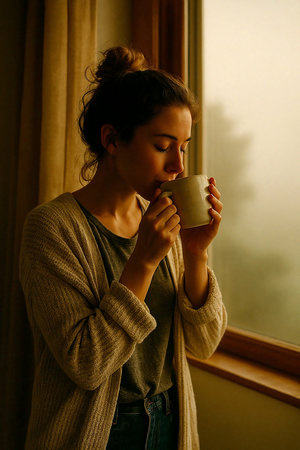 Young woman drinking coffee in the morning at home in front of windowの素材