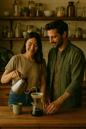 Couple making coffee in the kitchen at home. Man and woman drinking coffee.の素材
