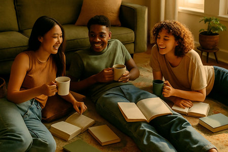 Group of multiethnic students sitting on the floor at home, drinking coffee and reading booksの素材