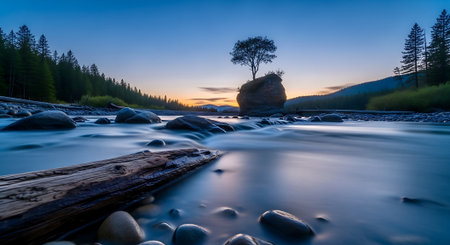 A dramatic coastal shoreline with rocks and calm water under a glowing sunset sky, evoking peace and natural beauty.の素材