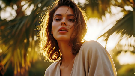 Woman outdoors with sunlight and natural expressionの素材