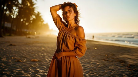 Stylish woman posing outdoors in warm sunlight expressing confidence and eleganceの素材