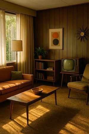 Interior of a living room with a brown sofa and a TVの素材