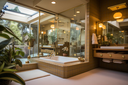 Interior of a hotel bathroom with a bathtub and a sinkの素材