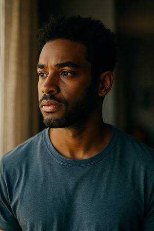 Portrait of handsome african american man looking away at homeの素材