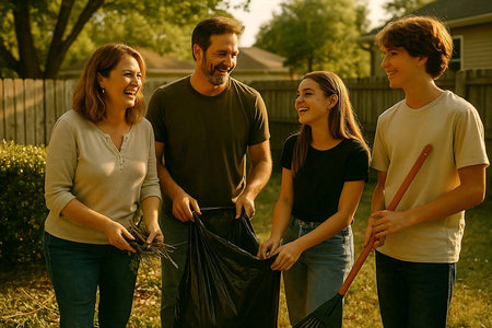 Group of friends cleaning backyard with garbage bags. They are happy and smiling.の素材