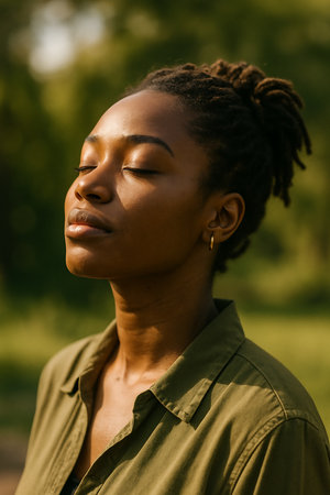 Portrait of a young african american woman in the parkの素材