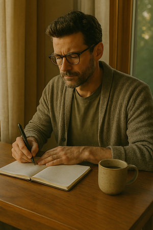 Handsome man in eyeglasses writing in notebook at homeの素材