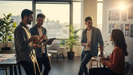 Group of young business people in smart casual wear using digital tablet while working in officeの素材