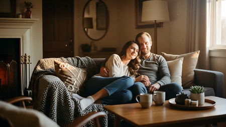 Couple sitting on sofa in living room at home and looking at cameraの素材