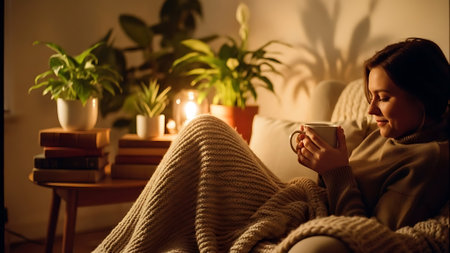 Relaxed young woman with cup of hot drink at home.の素材