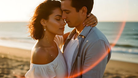 Portrait of a young couple embracing on the beach at sunset.の素材